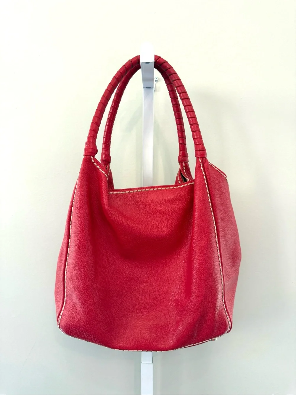 Plinio Visona Red Pebbled Leather Slouchy Hobo Shoulder Bag OS